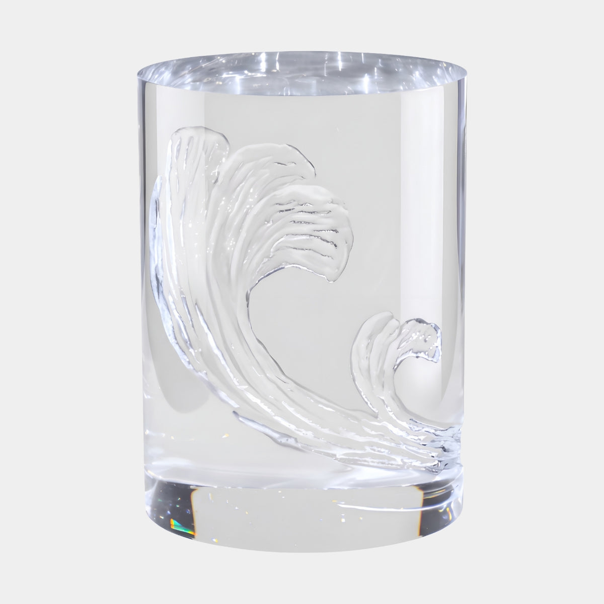 Clear Carved Wave Machined Acrylic Drum Table, 40cm, a cylindrical clear acrylic table with a carved breaking wave relief inside, shown on a plain white background.