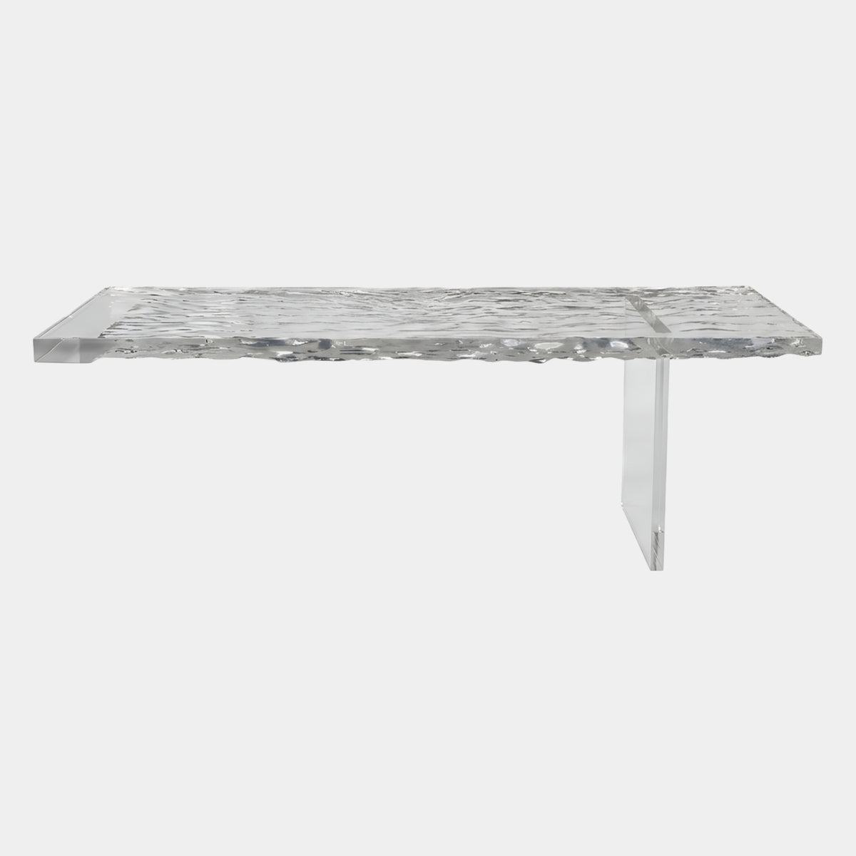 Colourless Rippled Slab Cast Resin Table Top with One Blade, 260cm, clear resin surface with a single rectangular support, on a plain white background.