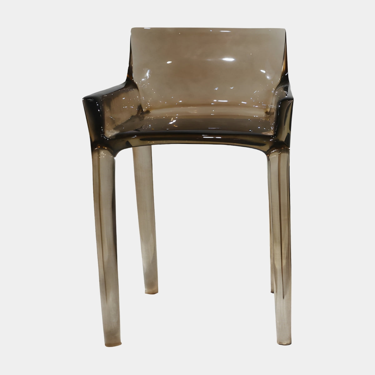Smoked Shell Cast Resin Dining Chair - 86cm by Giant Sculptures, seamless smoke-tinted resin shell with low arms on four tapered legs, shown against a plain white background.