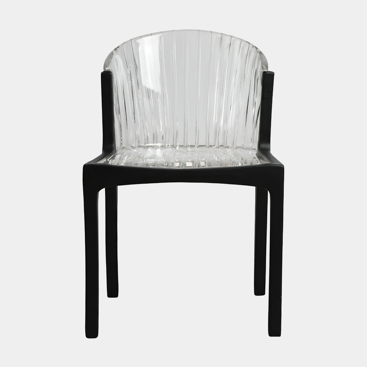 Clear Ribbed Shell Black Frame Resin Dining Chair - 84cm, with a fluted clear resin seat shell set in a black frame with squared legs, on a plain white background.