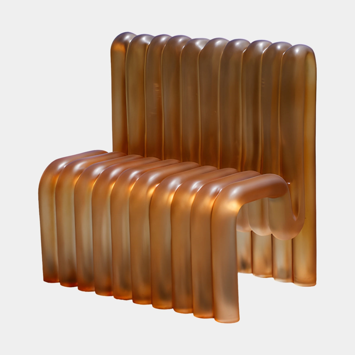 Copper Ribbed Tube Cast Resin Lounge Chair - 86cm, Giant Sculptures, with frosted amber resin tubes forming the seat, back, and arms, on a plain white background.