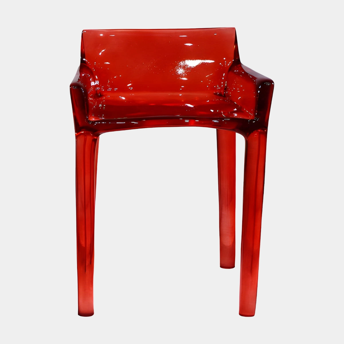 Red Translucent Cast Resin Armchair, 79cm, with tapered legs and short arms in deep crimson-to-bright red resin, shown against a plain light background.