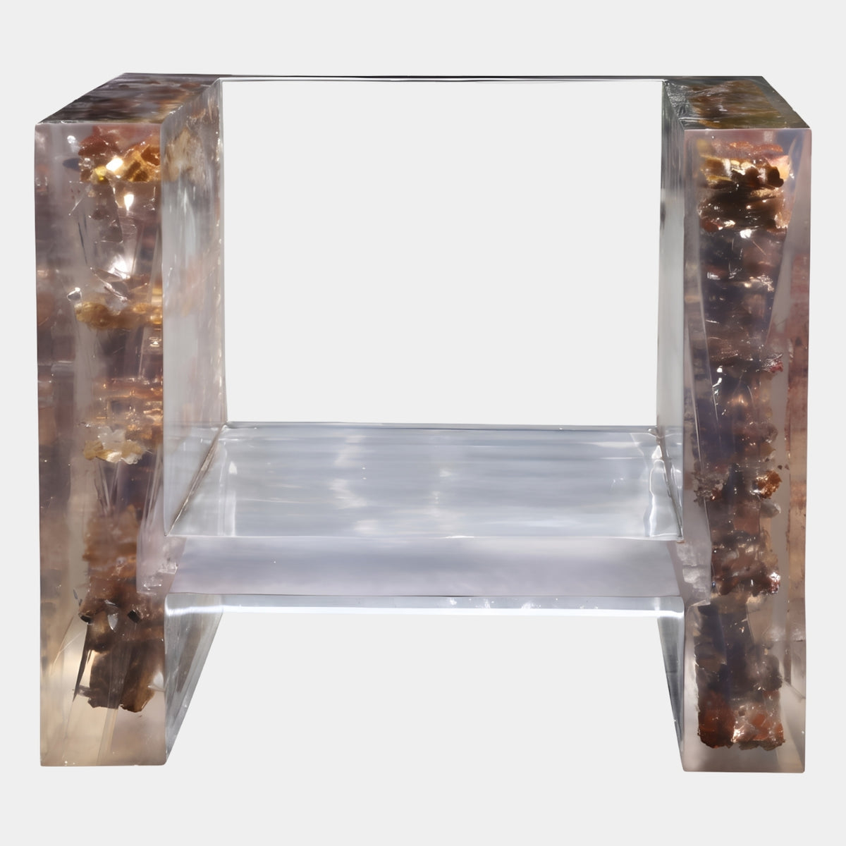 Clear Encased Matter Cast Resin Cube Armchair - 85cm with brown organic matter embedded in the side slabs, shown on a plain white background.