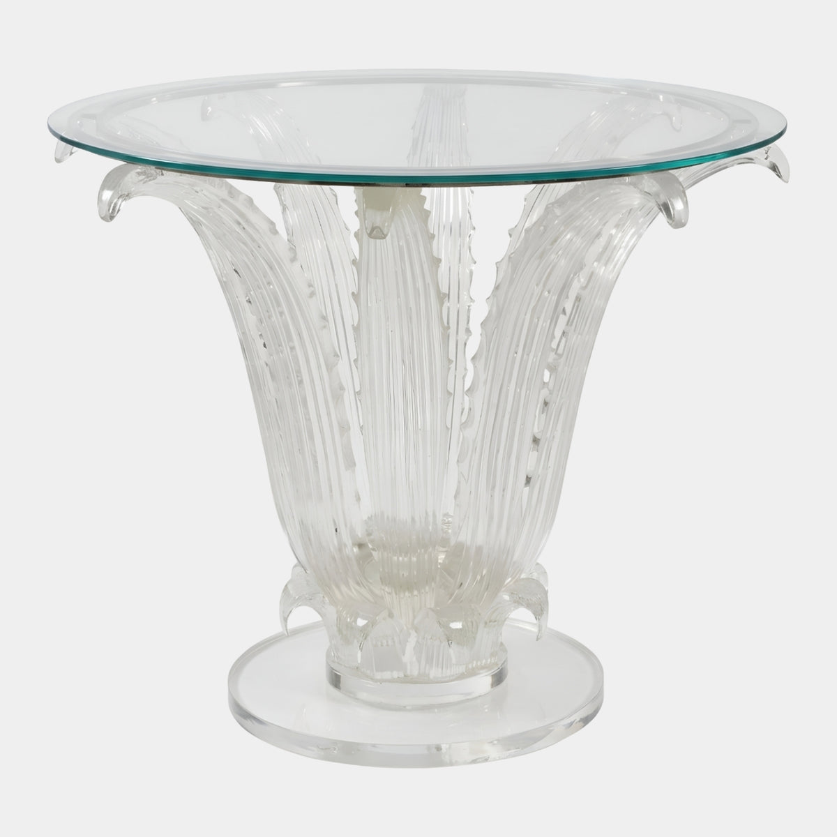 Clear Frond Bundle Resin & Glass Side Table - 90cm, featuring ribbed clear resin fronds forming the base and a round glass top, shown on a plain white background.