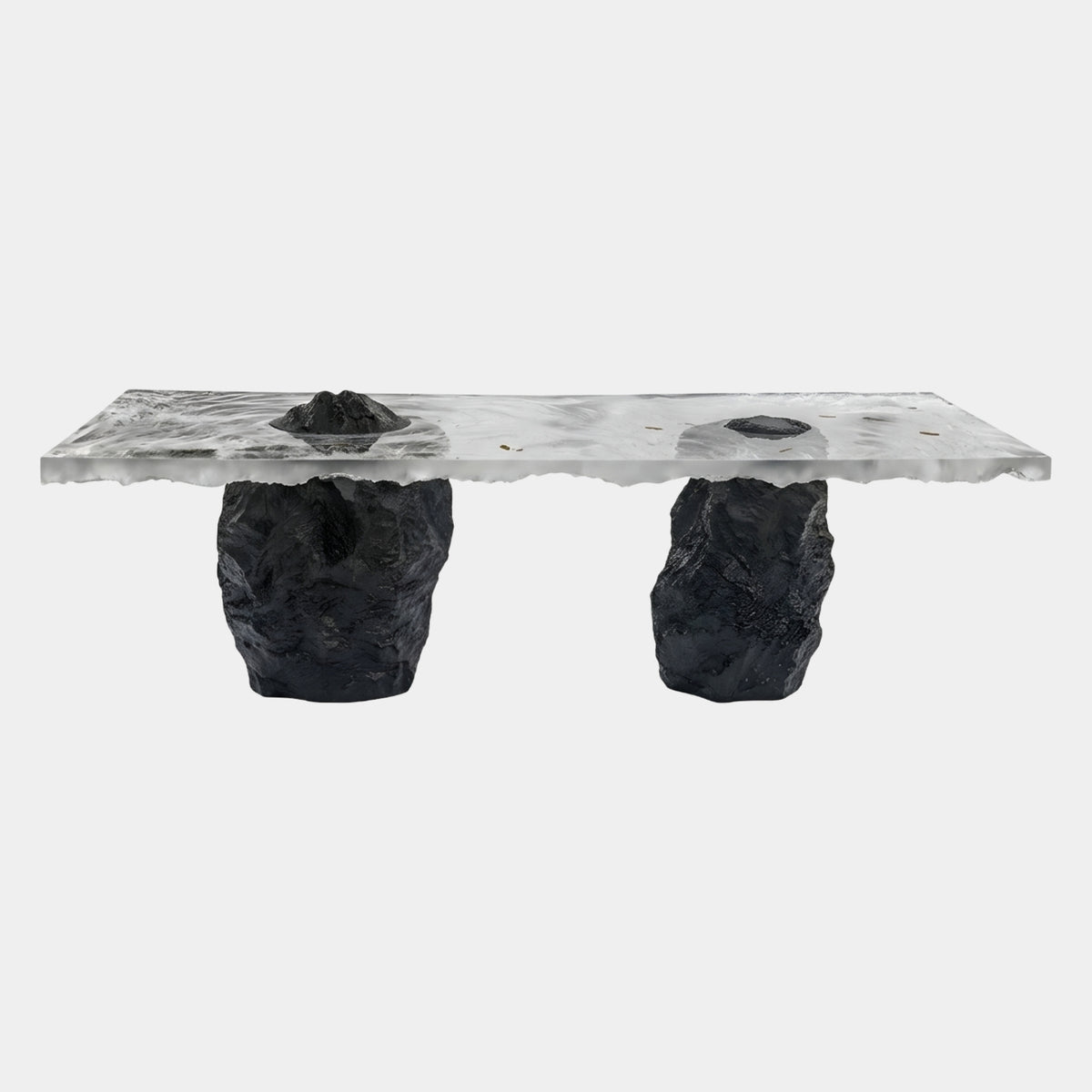 Vortex Relief Slab & Rock Plinth Resin Bench, 240cm, frosted clear top with swirling vortex texture on rough black rock plinths, plain white background.