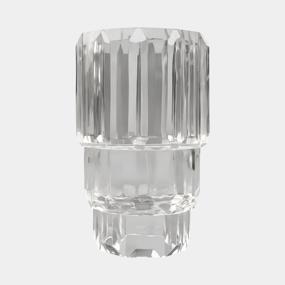 Clear Stacked Faceted Cast Resin Column Table, 70cm, two vertically faceted resin drums stacked with a clean horizontal seam, shown on a plain white background.
