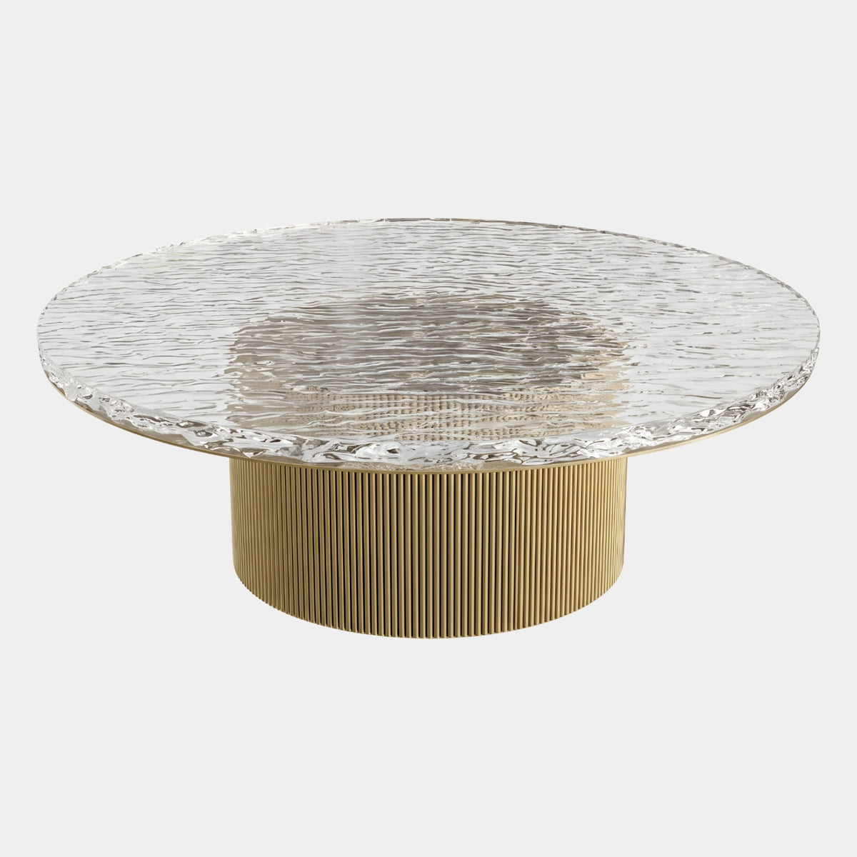 Fractured Clear Top Fluted Gold Drum Coffee Table, 130cm, with a rippled resin top and chipped rim on a reeded gold metal base, shown on a white background.