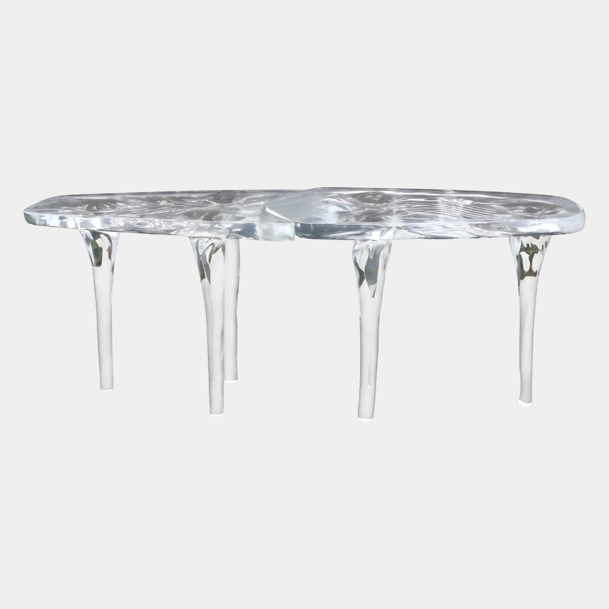 Colourless Overlapping Disc Cast Resin Dining Table, 185cm, with rippled lobed top on slender drip-shaped legs, shown on a plain white background.