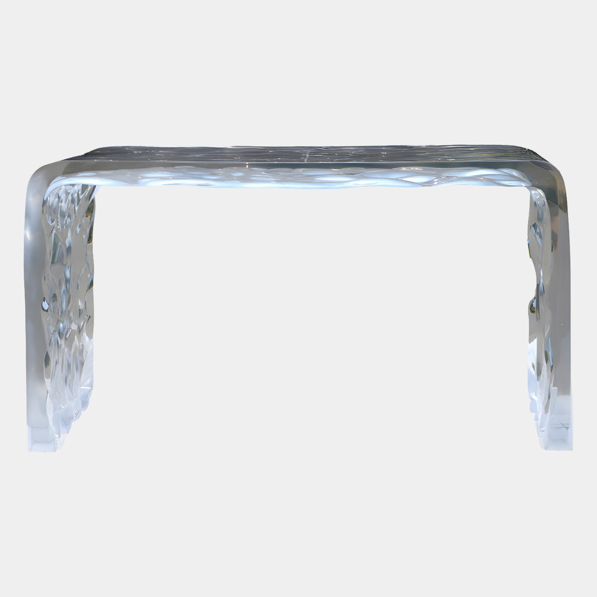 Colourless Folded End Cast Resin Bridge Console, 170cm, with rippled top and dimpled folded end supports, shown on a plain white background.