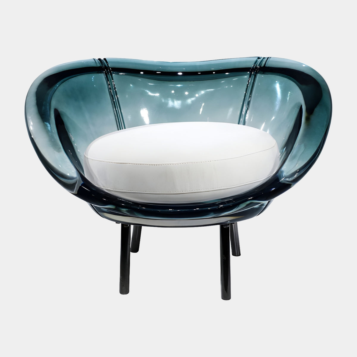 Teal Rolled Rim Cushioned Cast Resin Lounge Chair - 95cm with a white cushioned seat and black metal legs, shown on a plain white background.