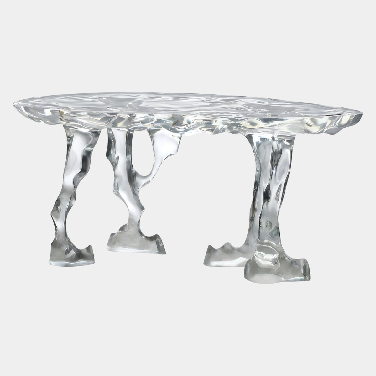 Clear Melting Ice Cast Resin Dining Table, 220cm, with a wavy-edged clear resin top on four drip-like sculpted legs, shown on a plain white background.