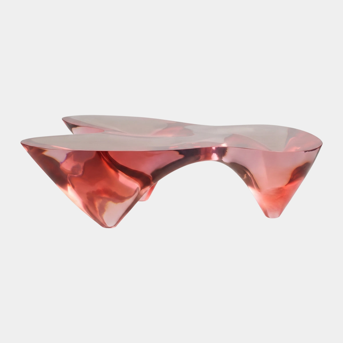Pink Saddle Top Sculpted Cast Resin Low Table (130cm) by Giant Sculptures, showing a glossy pink resin form with a dipped saddle top resting on three cone-shaped points, set against a plain white background.