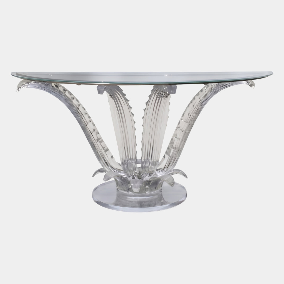 Clear Frond Bundle Resin & Glass Console, 159cm, with ribbed clear resin fronds curling to support a half-oval glass top, on an oval base, shown against a plain white background.