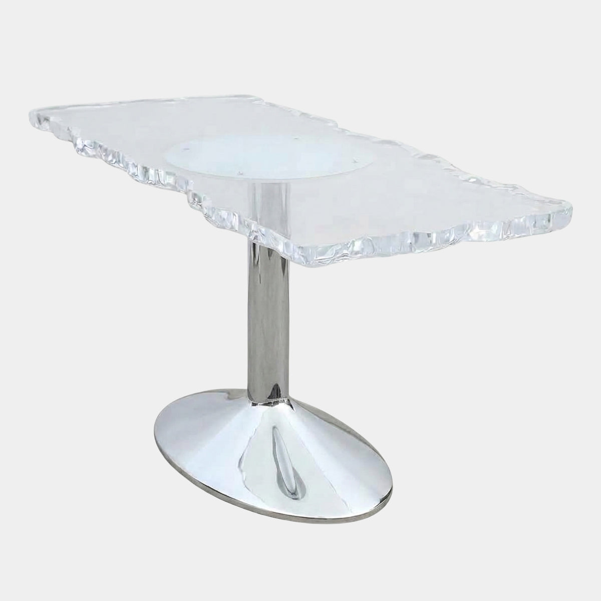 Torn Edge Frosted Slab Steel Column Table, 160cm, with a clear oval center, polished steel column, and mirrored oval base on a plain white background.