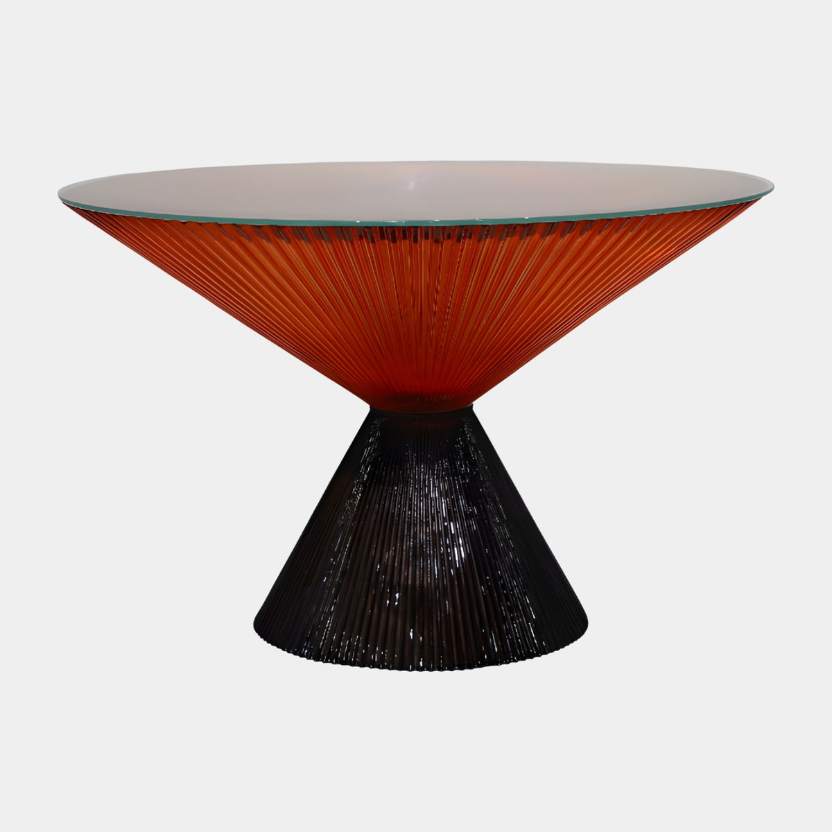 Red to Black Reeded Cone Resin & Glass Table, 70cm, with glass top on orange-red and black ribbed hourglass base, on a plain white background.