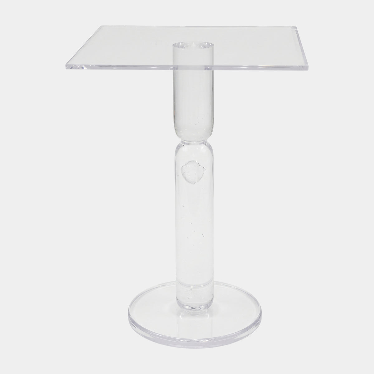Clear Dimpled Column Cast Resin Drinks Table (75cm) with square glass-like top, pinched cylindrical column, and round disc base, shown against a plain white background.
