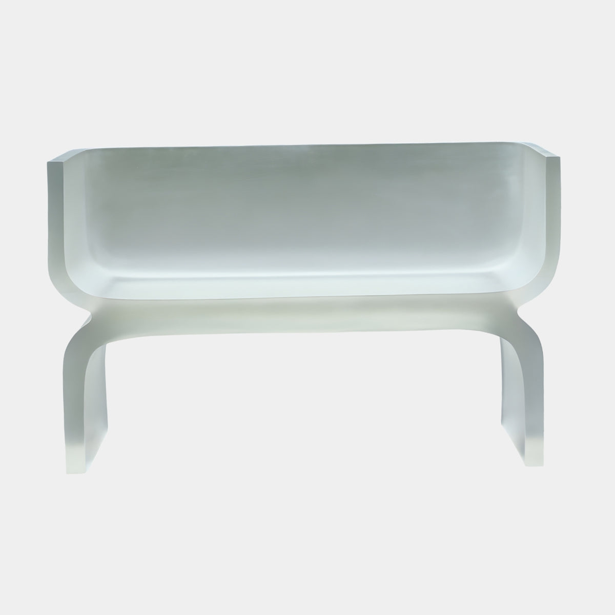 Frosted white one-piece cast resin Settle, 110cm, with curved arm-height back, deep tub seat, and waisted end panels on a plain light background.
