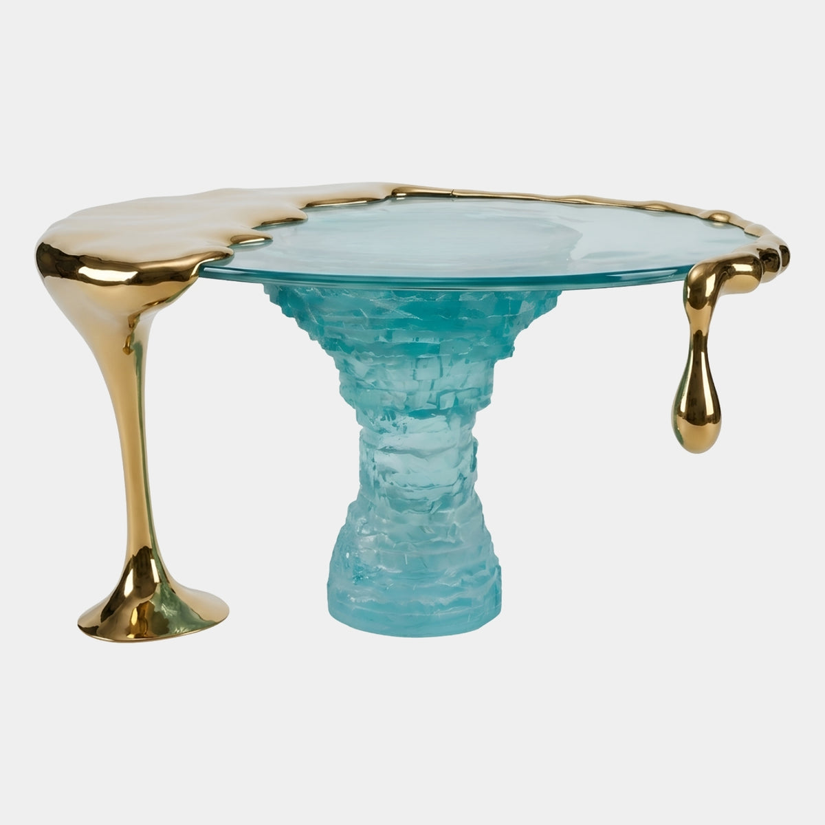 Blue Ripple Top Gold Column Centre Table, 200cm, with turquoise resin tabletop, ridged resin column base, and mirror-gold drip legs, shown on a plain white background.