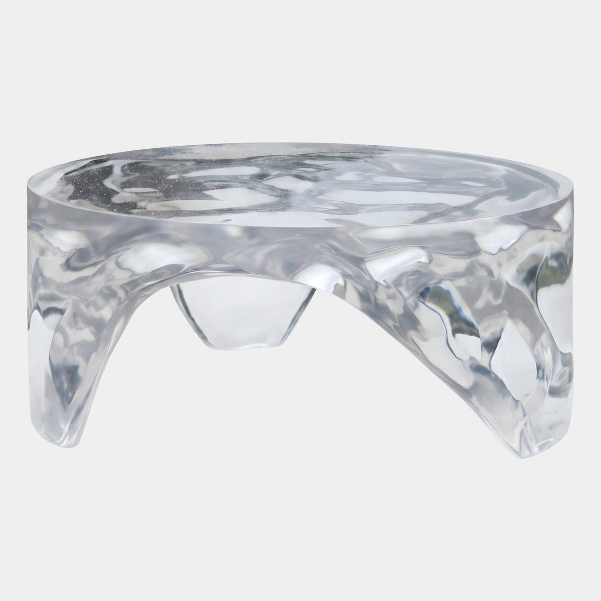 Clear Arched Drum Rippled Top Resin Coffee Table (96cm) with cloudy swirls and arched base, shown on a plain white background.