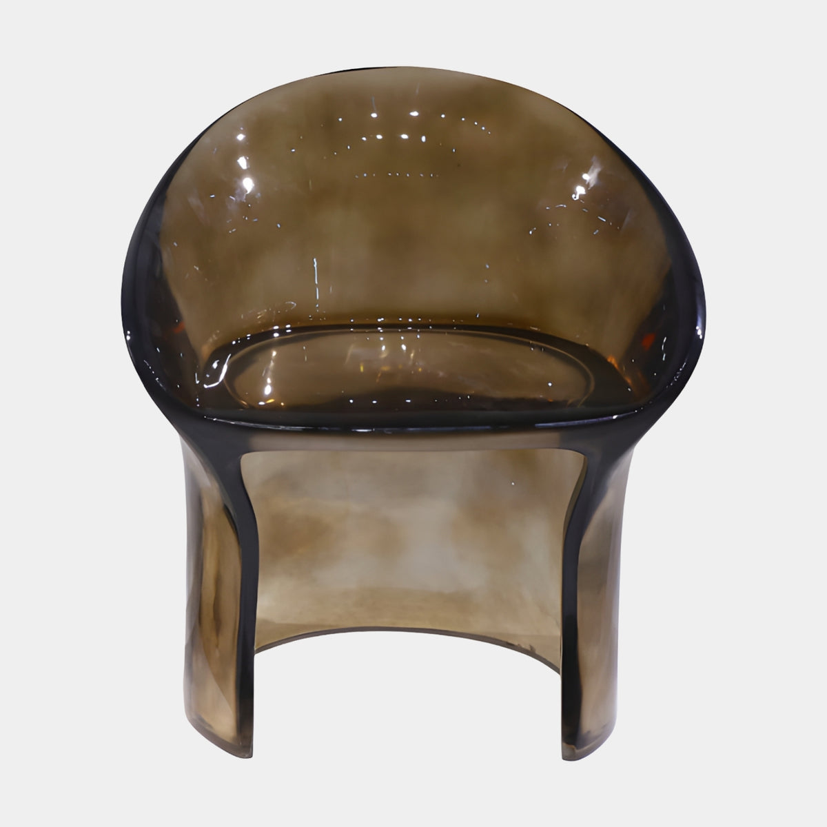 Smoked Brown Tub Shell Cast Resin Armchair, 70cm, shown front-on with a rounded shell seat, low arms, and curved panel legs against a plain light grey background.