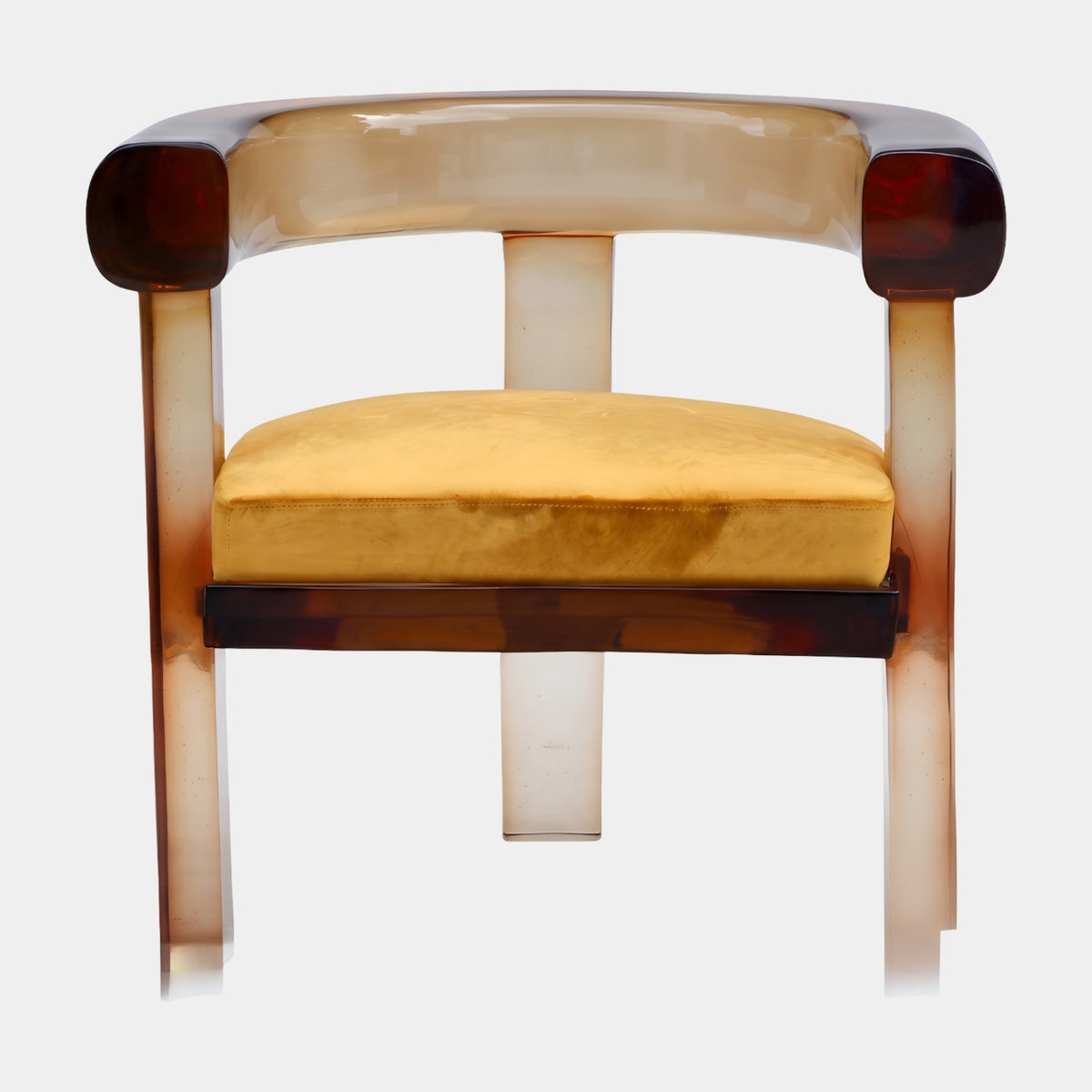 Amber Frame Gold Seat Cast Resin Armchair (73cm) with tortoiseshell-dark arm ends, square resin legs, and a yellow fabric seat, shown on a plain white background.