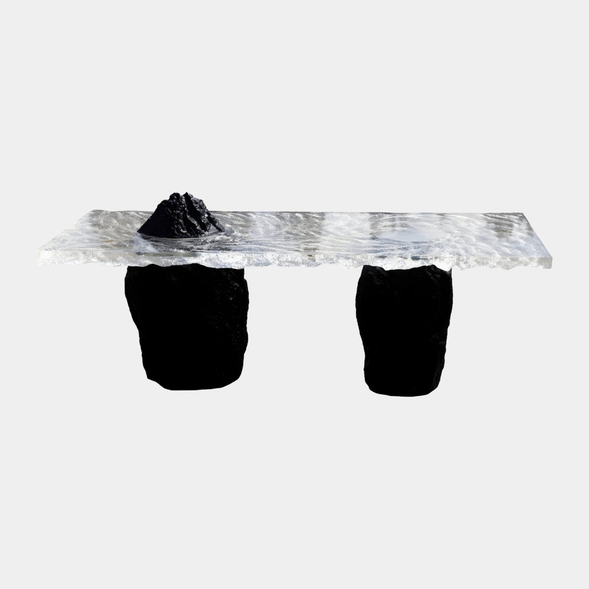 Clear Slab Black Rock Base Cast Resin High Table, 220cm, with frozen-textured clear resin top and dark rock accent on two rough black pedestals, plain white background.