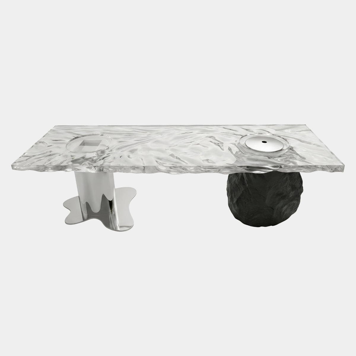 Clear Rippled Slab Steel & Rock Base Table (300cm) with a mirror-polished steel column and a black rock-like base, shown on a plain white background.