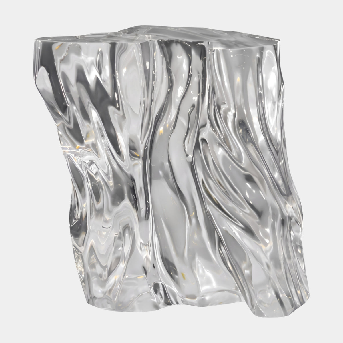 Clear Folded Face Cast Resin Block Stool, 40cm, with deep sharp-edged vertical folds and a flat top, shown on a plain light grey background.