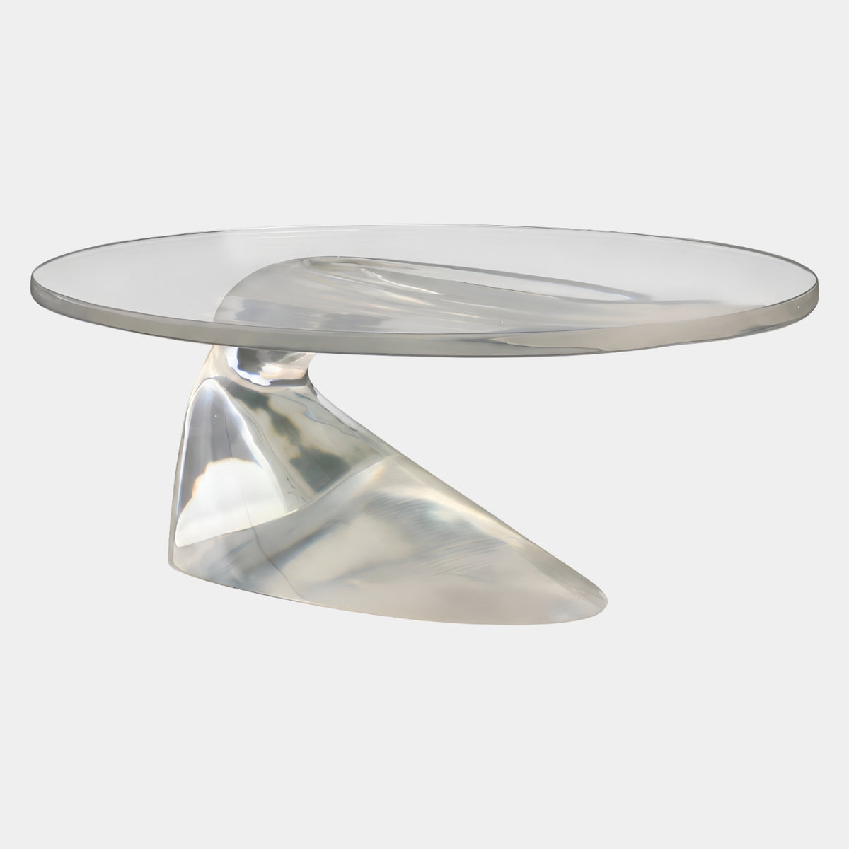 Clear Disc Top Leaning Fin Cast Resin Table (100cm) by Giant Sculptures, round glass-like disc balanced on a single polished clear resin fin, plain white background.