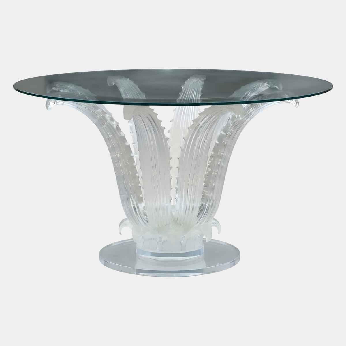 Clear Fanned Leaf Base Resin & Glass Dining Table, 130cm, with fluted resin leaves flaring from a round base beneath a round glass top, on a plain white background.