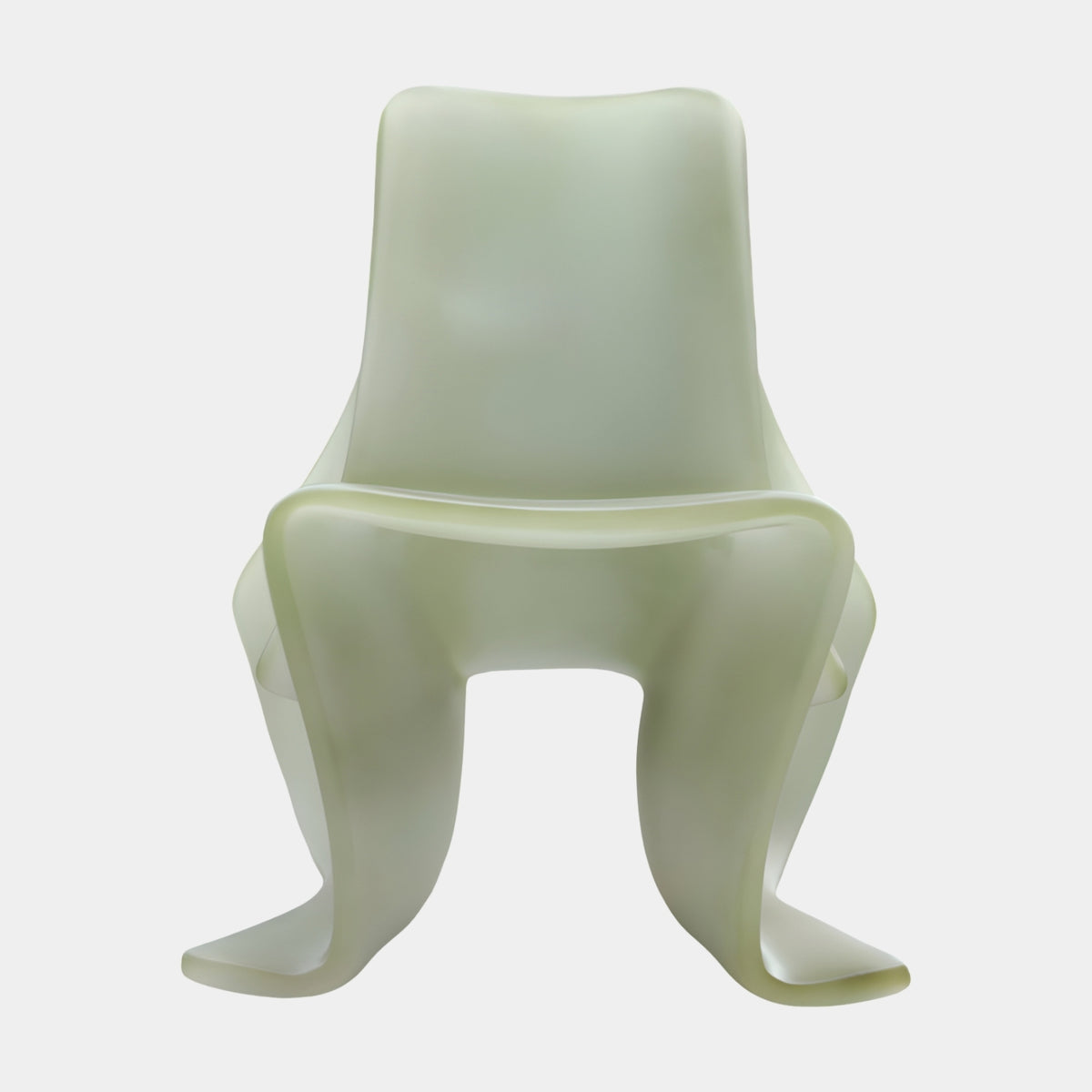 Jade Effect Curled Foot Cast Resin Chair - 79cm by Giant Sculptures, front view showing tapering back, scooped seat, and curled feet in pale celadon resin on a plain white background.