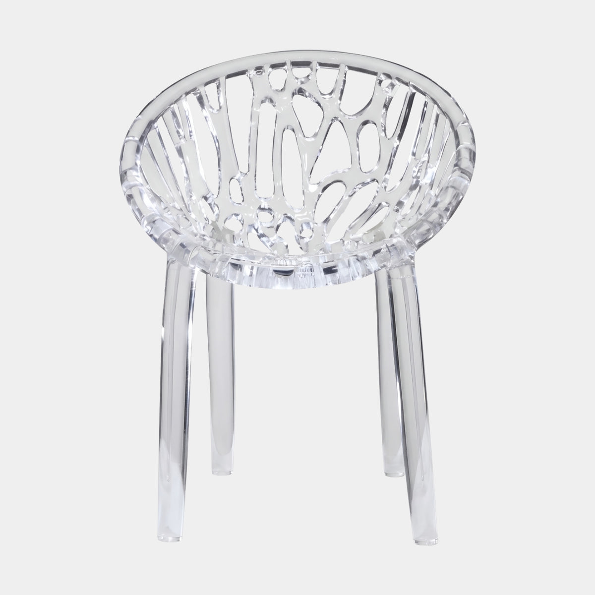 Clear Pierced Lattice Shell Cast Resin Chair, 80cm, with openwork round shell and tapering legs, shown on a plain white background.