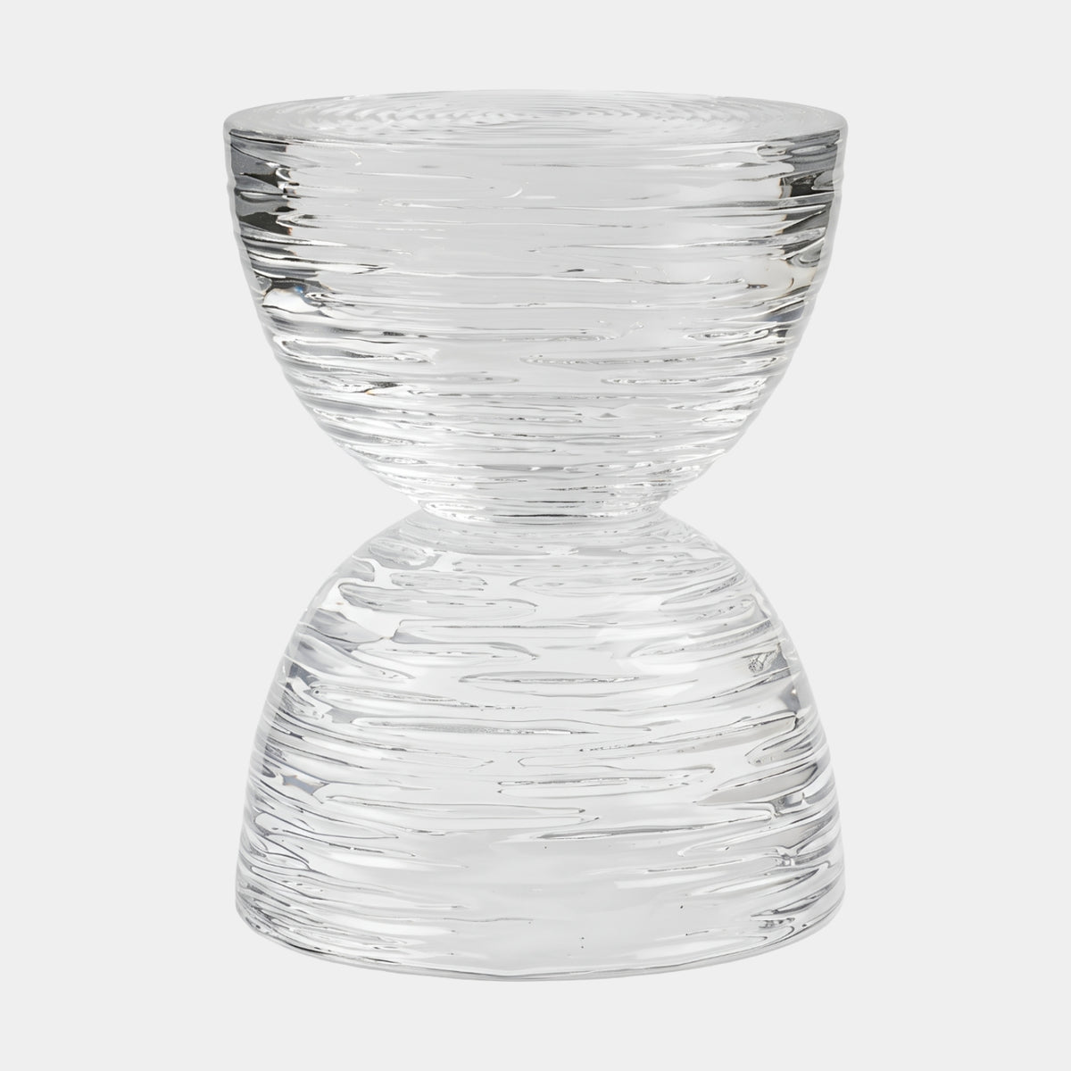 Clear Ribbed Twin Dome Acrylic Stool (45cm) by Giant Sculptures, hourglass-shaped with ribbed horizontal texture, photographed against a plain white background.