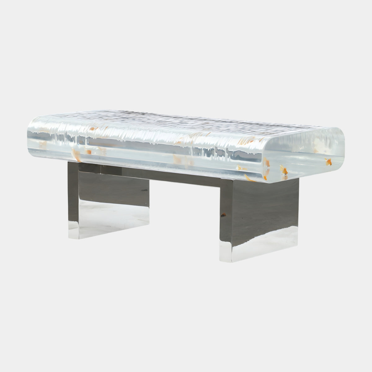 Clear Flecked Slab Steel Base Resin Bench - 100cm with striated resin seat and amber-orange flecks on a mirror-polished steel base, shown on a plain white background.