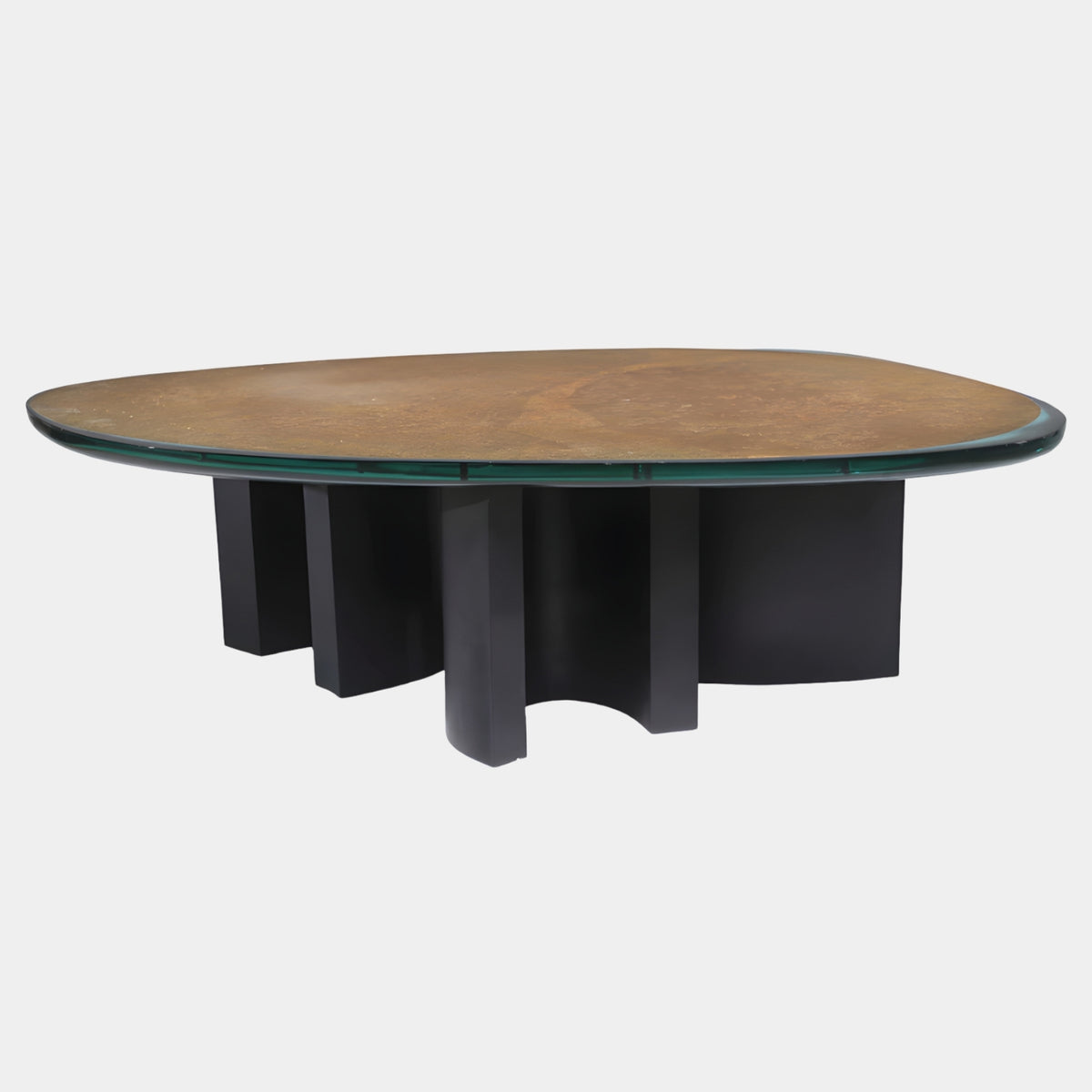 Ochre Field Clear Rim Blade Base Low Table - 135cm, oval resin top with clear green-edged rim over ochre granular field, radiating black metal blade base, on a plain white background.