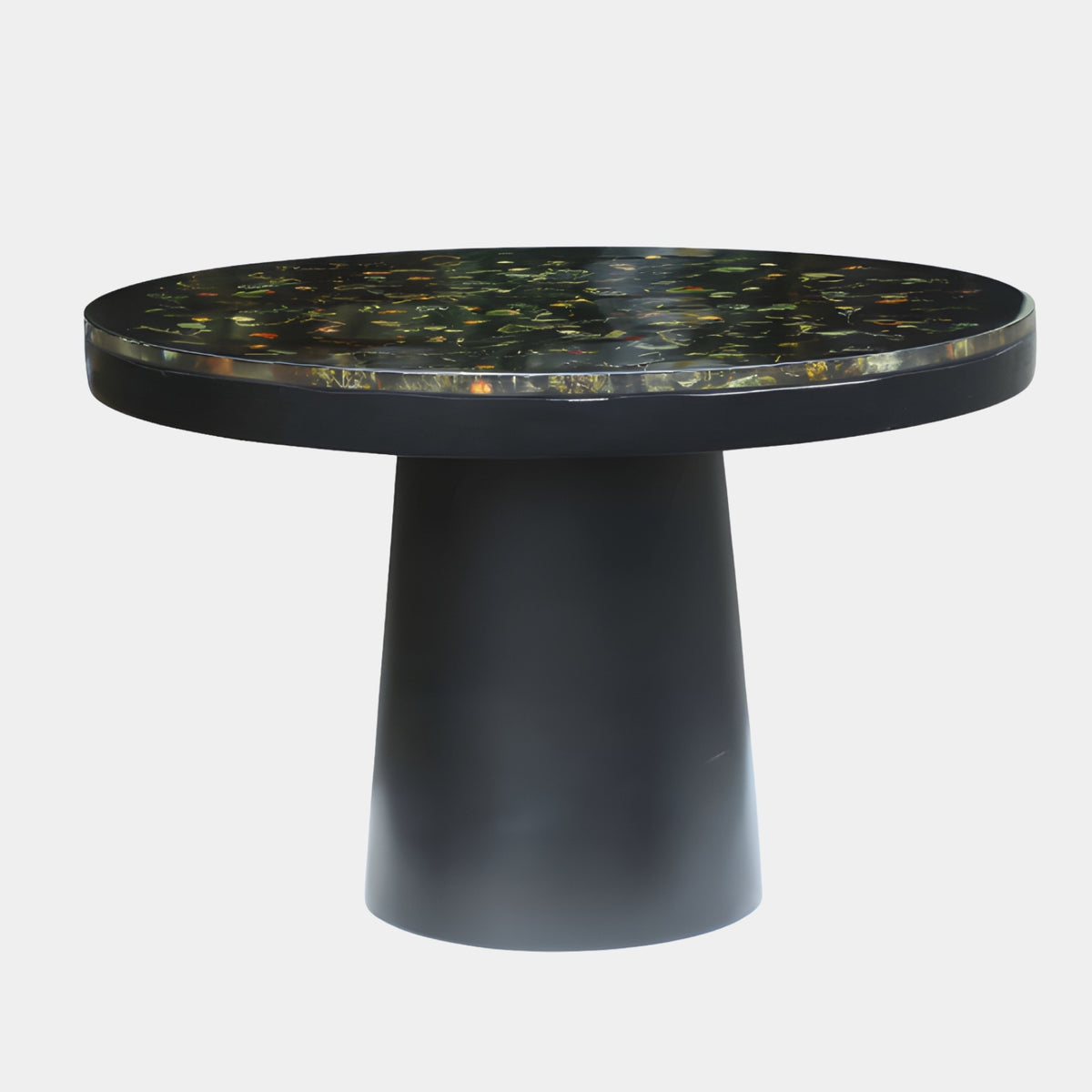 Black Fragment Top Cone Base Cast Resin Table, 80cm, with iridescent green and gold flecks under a glossy rim and a matte black tapering cone base, set against a plain white background.