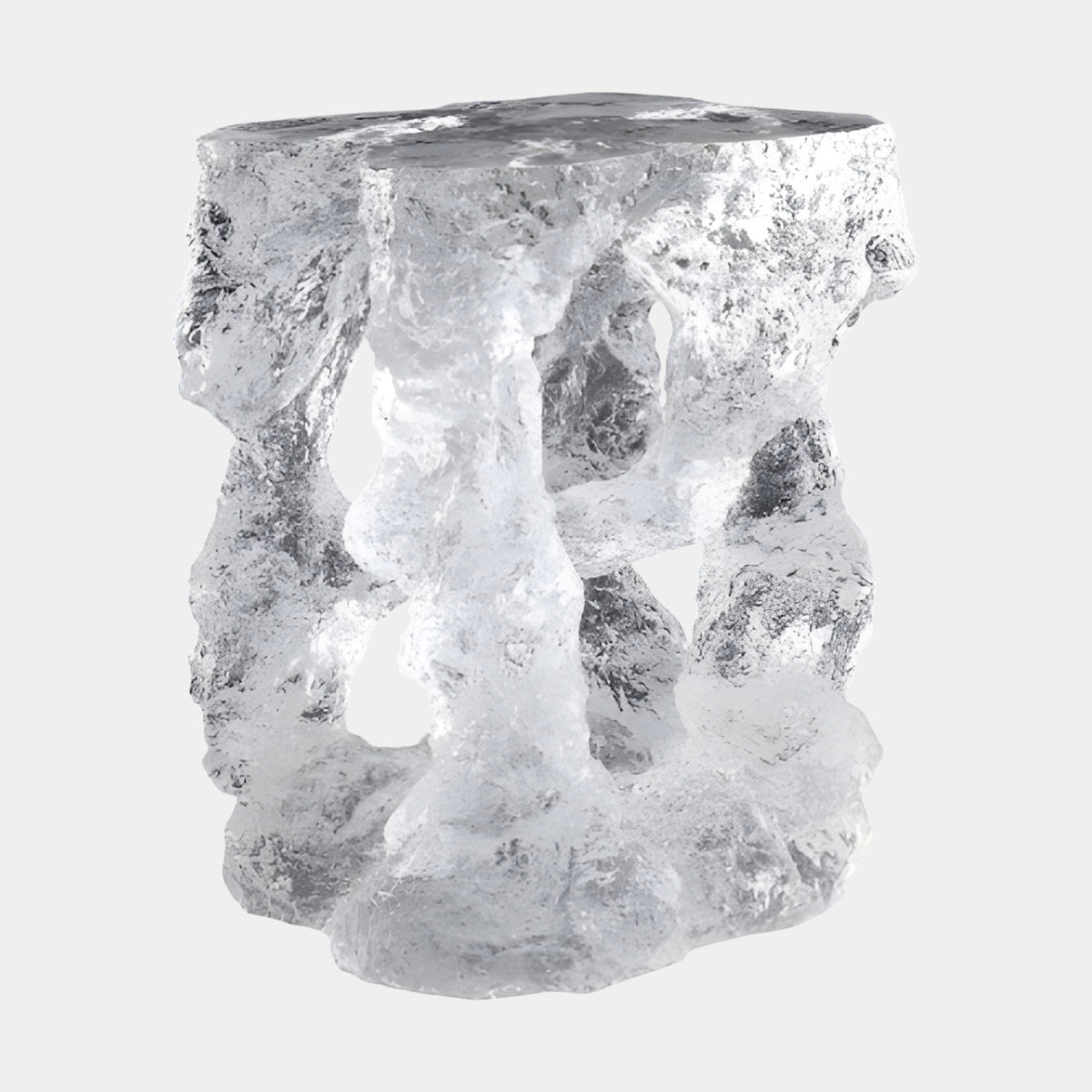 Clear Ice Form Four Column Resin Stool (45cm) by Giant Sculptures, four textured columns supporting a flat top, shown on a plain white background.