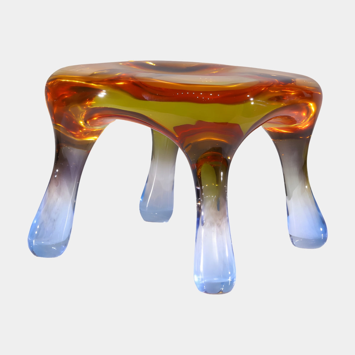 Amber to Blue Drip Leg Cast Resin Stool, 34cm, with four tapering drip-shaped legs fading from amber to pale blue, on a plain white background.