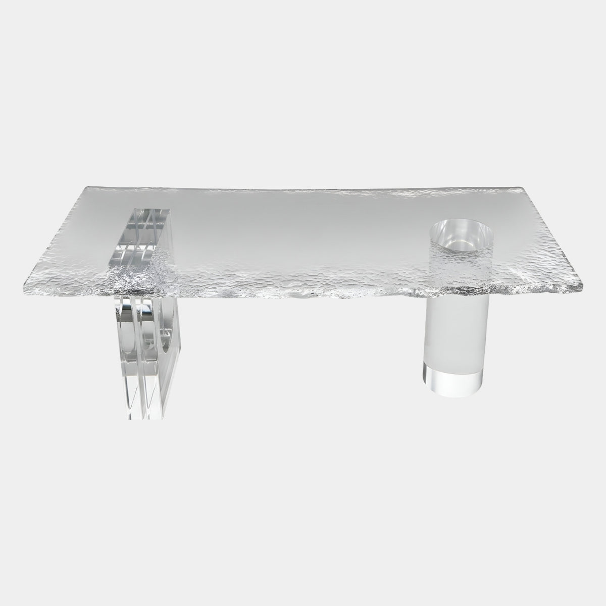 Frosted Slab Bar & Cylinder Clear Resin Table (238cm) by Giant Sculptures, textured clear slab on a stacked square-bar leg and a frosted cylindrical leg, shown on a plain white background.