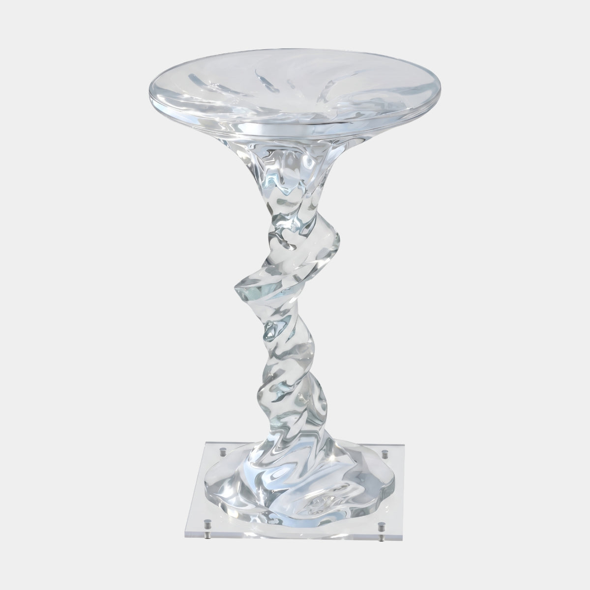 Clear Twisted Column Cast Resin Pedestal Table - 60cm, with a dished round top on a rope-like twisted column and square base, shown on a plain white background.