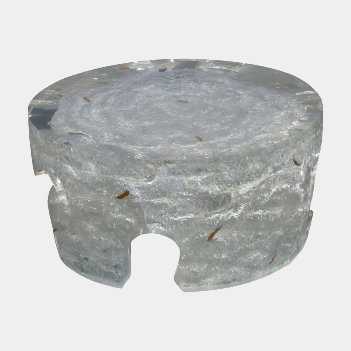 Clear Frozen Drum Flecked Cast Resin Coffee Table - 90cm with amber-brown fragments and arched cut-away base, shown on a plain white background.
