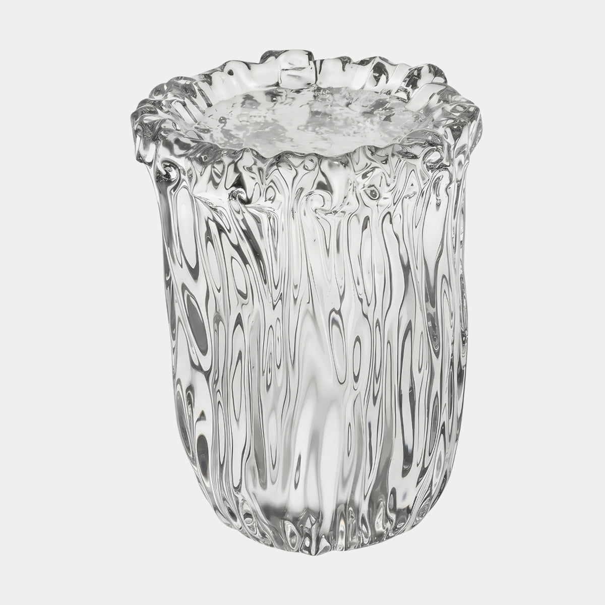Clear Flowing Side Cast Resin Drum Stool, 45cm, with vertical flow lines and an uneven crest rim, shown on a plain white background.