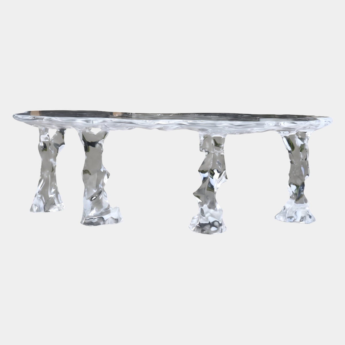 Clear Rippled Top Six Rock Leg Resin Console, 242cm, with a wavy translucent top on six faceted rock-like legs, shown on a plain white background.