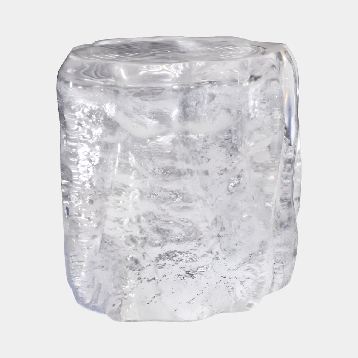 Clear Growth Ring Log Cast Resin Stool, 55cm, shaped like a tree trunk with barked sides and frosty crackle texture, on a plain white background.