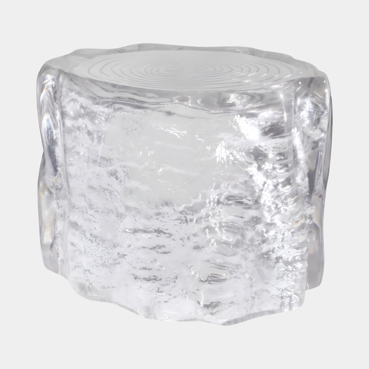 Clear Growth Ring Log Wide Cast Resin Stool, 60cm, with concentric rings on top and bark-textured sides, shown on a plain white background.