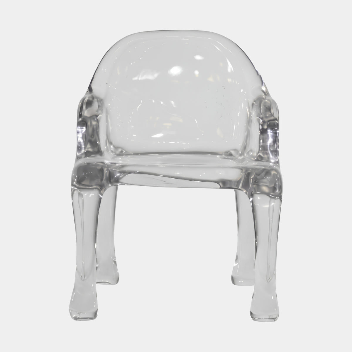 Clear Rounded Shell Low Cast Resin Armchair, 80cm, with curved back and arms on four legs, shown against a plain white background.