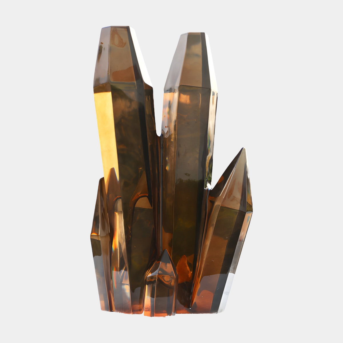 Amber Brown Faceted Crystal Cluster Resin Sculpture, 84cm, with tall polished peaks of varying heights rising from one base, shown against a plain light grey background.