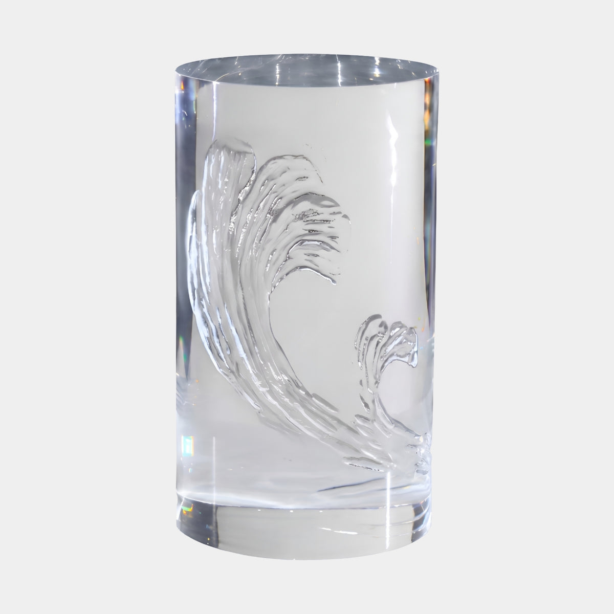 Clear Set Plume Cast Resin Block Sculpture - 45cm, a clear cylindrical resin form with an internal ribbed plume curling upward, shown on a plain white background.