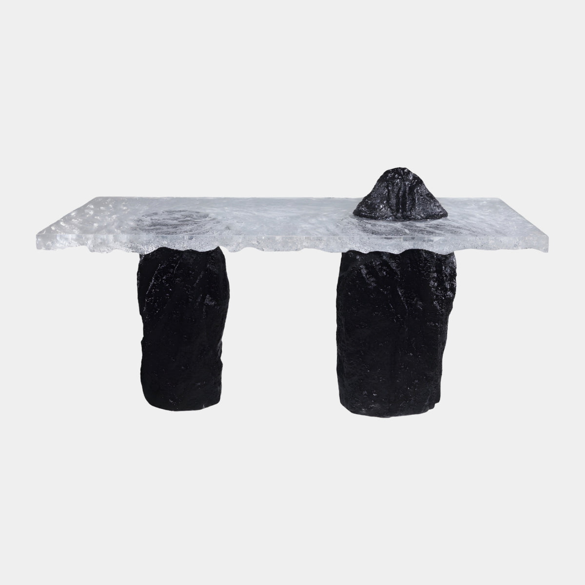 Clear Frozen Slab Black Rock Peak Resin High Table, 170cm, with icy textured resin top on rough black fibreglass pedestals, shown on a plain white background.