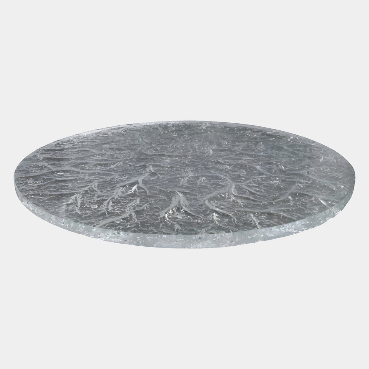 Clear Frost Pattern Round Cast Resin Tabletop (120cm) by Giant Sculptures, a clear resin disc with branching frost patterns and a rough rim, shown on a plain light background.